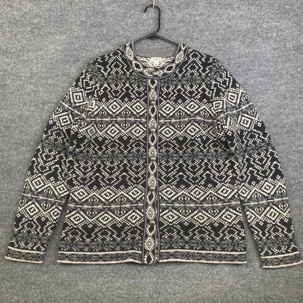 LL Bean Womens L Kingsfield Lambswool Fair Isle Cardigan Sweater 291555